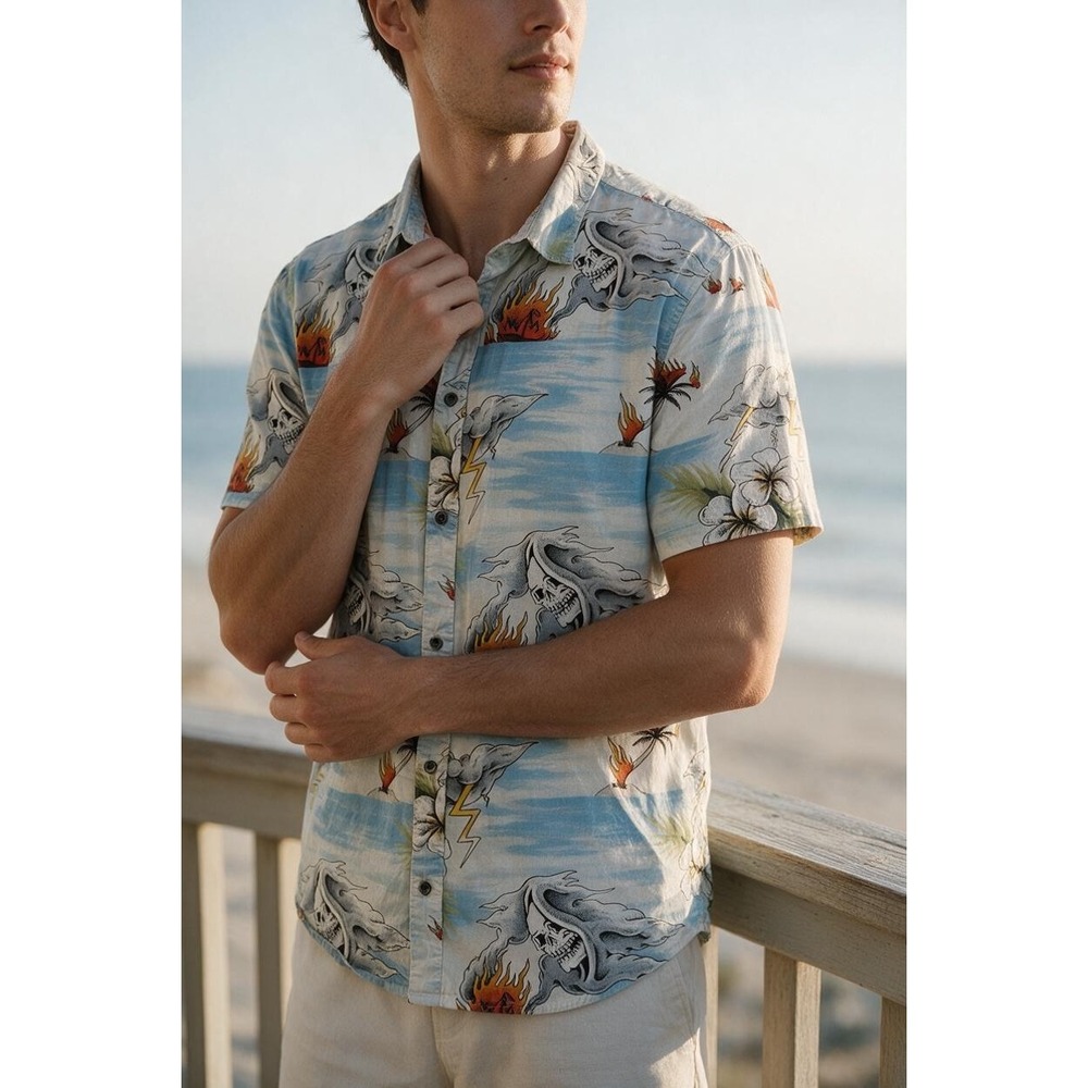 Lurking Class by Sketchy Tank Reaper Tropical Button Down Shirt Mens L #365D